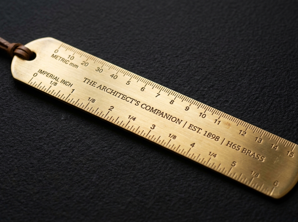 Solid brass bookmark ruler with metric and imperial graduations on dark cotton paper