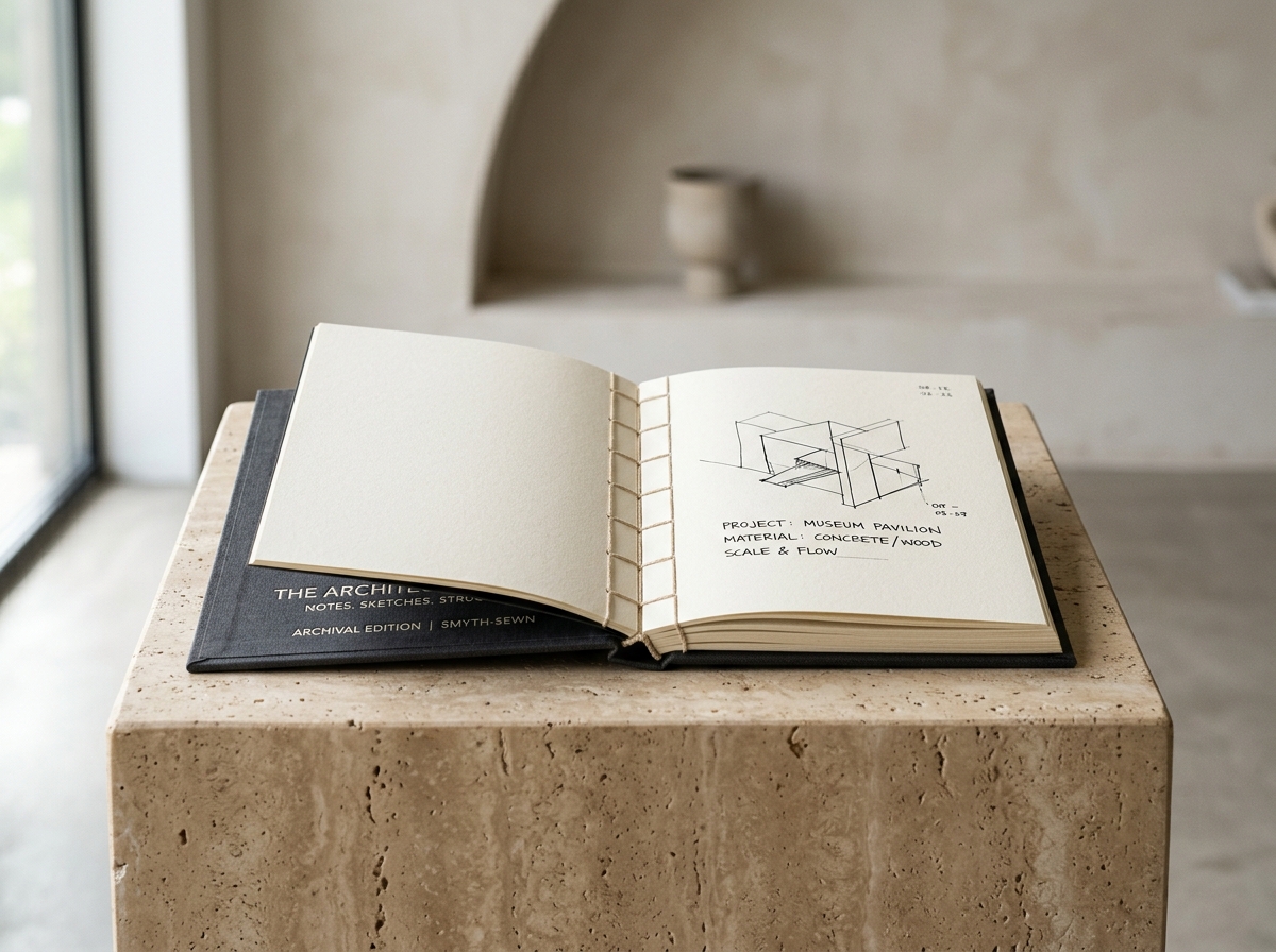 Smyth-sewn archival notebook lying open flat on travertine stone