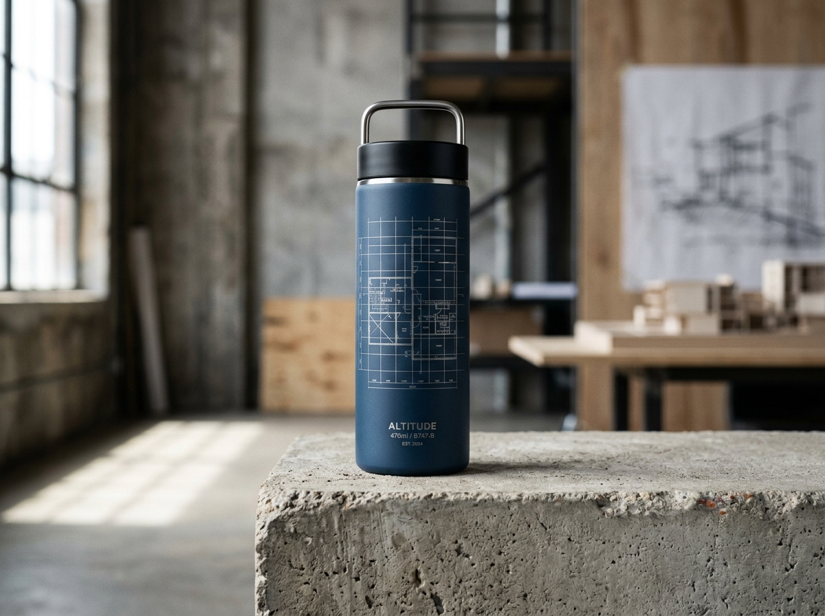 Midnight blue double-wall tumbler with laser-etched blueprint on a concrete plinth